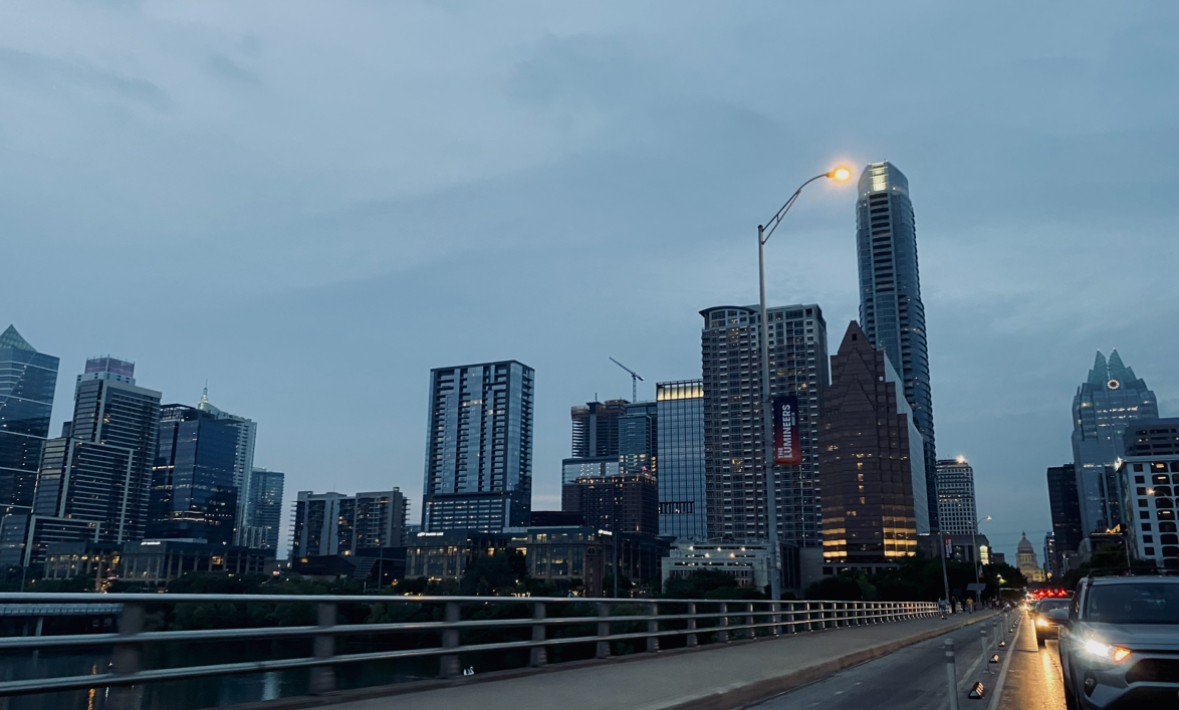 Downtown Austin skyline at dusk from the Congress Avenue bridge
