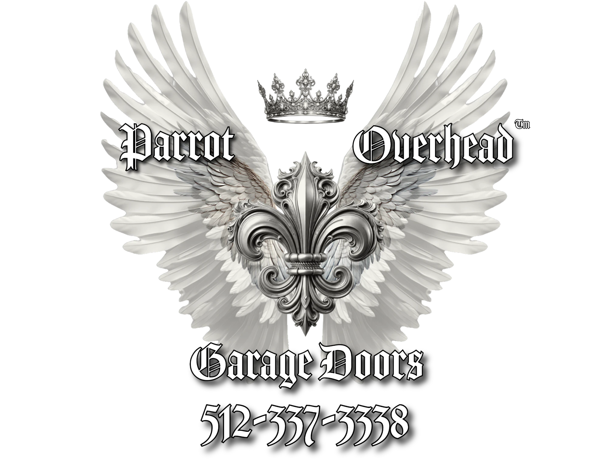 Parrot Overhead Garage Doors crest — crowned fleur-de-lis with wings, 512-337-3338