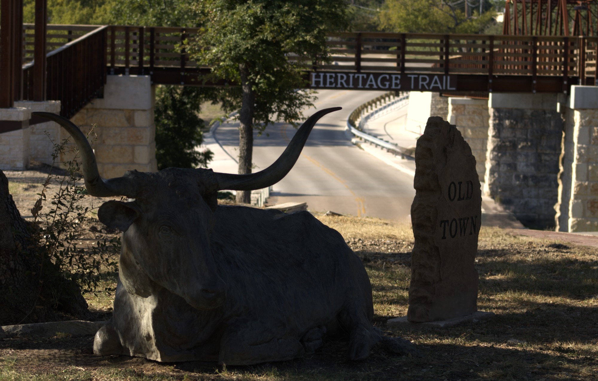 Longhorn bronze at the Heritage Trail bridge in Old Town Round Rock